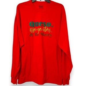 Queso, Margaritas, & Be Merry Red Long Sleeve Christmas Tee Size 2XL